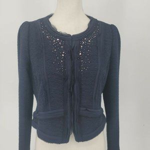 JOINUS Women's Cropped Beaded Blazer Navy Blue Long Sleeve Size 77 Medium